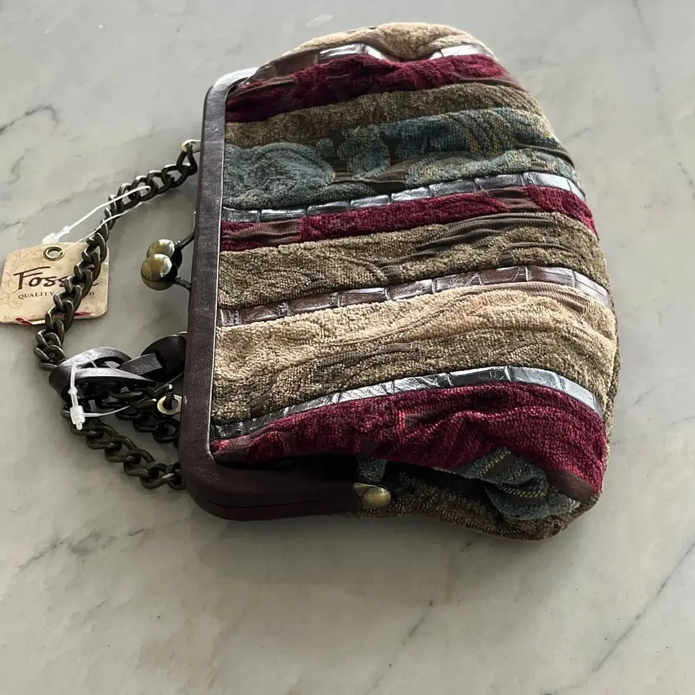 Fossil Blakely Frame Clutch Patchwork Leather Kiss Lock Bag Purse NWT